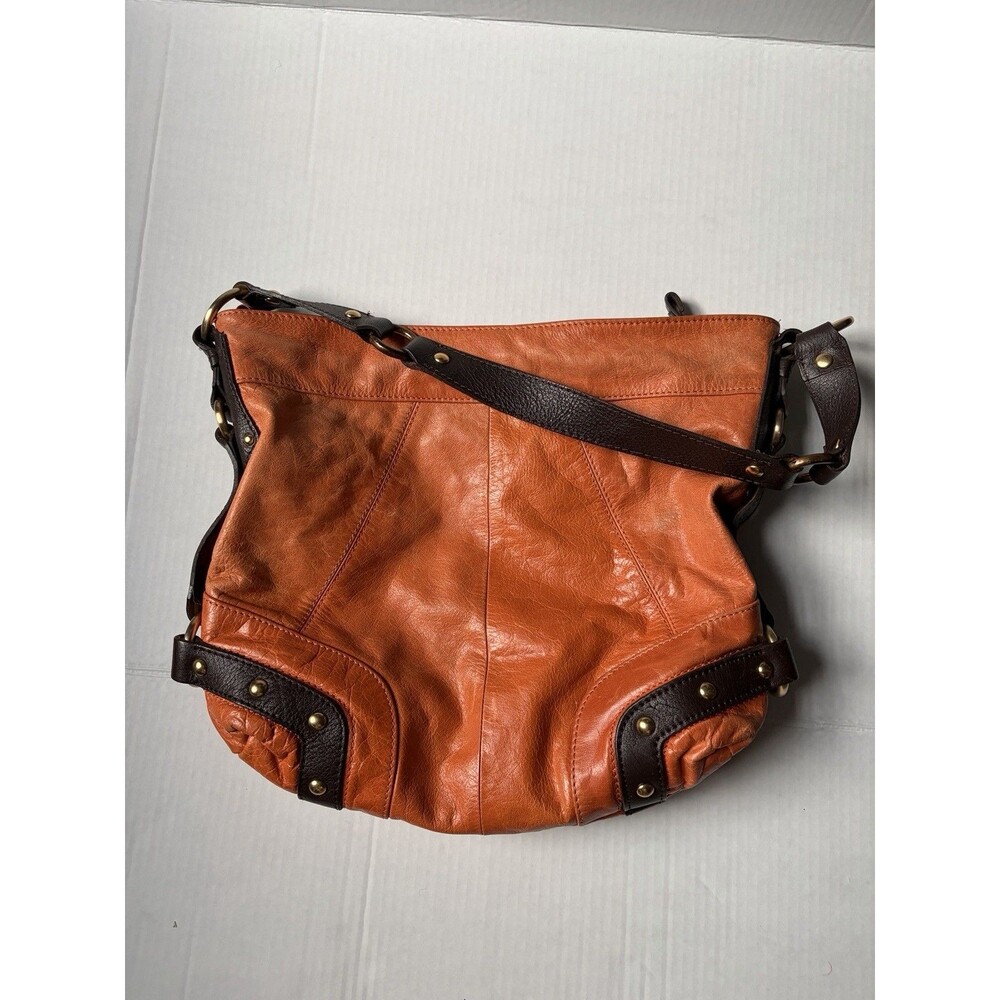 Tasche Burnt Orange Leather Hobo Shoulder Bag Brown Trim Brass Boho Y2K